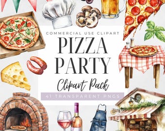 Pizza Party Clipart, Digital Download, Commercial Use, Transparent PNG, Pizzeria, Heart Pizza, Watercolor Pepperoni Slice, Italian Food