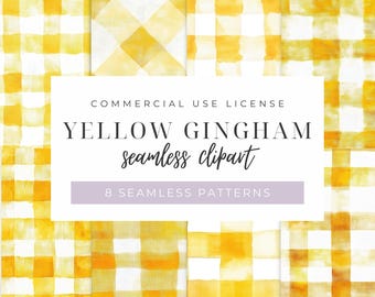 Bright Yellow Gingham Seamless Pattern Clipart, Pastel Picnic, Watercolor Plaid Clip Art, Checkered, Farmhouse, Easter Scrapbook, Background
