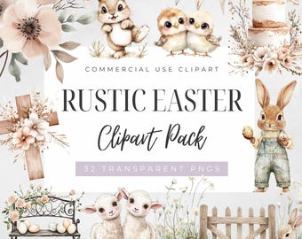 May include: A digital clipart pack with a rustic Easter theme. The pack includes 32 transparent PNG files featuring images of bunnies, chicks, lambs, eggs, a cross, a fence, a bench, and a cake. The text "RUSTIC EASTER Clipart Pack" is displayed in a purple banner.