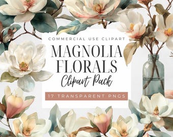 Magnolia Flower Png, Watercolor White Florals Clipart, Transparent PNG Flowers, Wedding Invitation Floral Art, Botanicals, Digital Download
