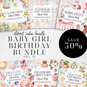 Bundle de cliparts anniversaire bébé fille, baby shower, petite fille mignonne, baies mignonnes, corde à linge, fraise aquarelle chambre d'enfant, numérique PNG transparent