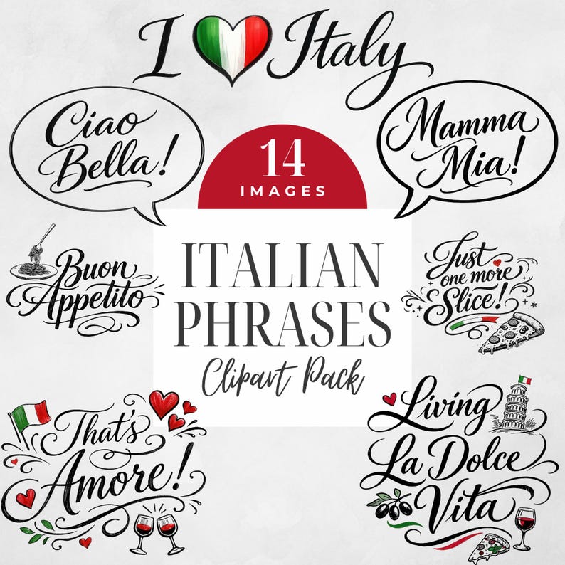 Italian Phrases Clipart, Italy Theme PNG, Ciao Bella, Pizza is Life ...