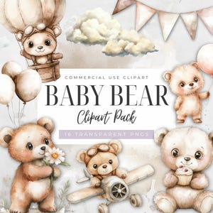 Watercolor Aviator Bear Clipart, Cute Teddy Baby Shower, Neutral Nursery Clip Art, Digital Download, Transparent PNG, Commercial Use