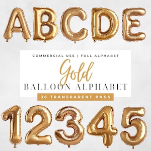 Gold Balloon Alphabet Clipart BUNDLE | Gold Balloon Letters &  Gold Balloon Numbers | Gold Foil Balloons Clipart | Birthday Balloon Clip Art
