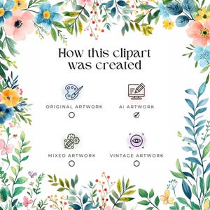 May include: A white background with floral watercolor border and the text "How this clipart was created." The image shows four icons representing the creation process: original artwork, AI artwork, mixed artwork, and vintage artwork.