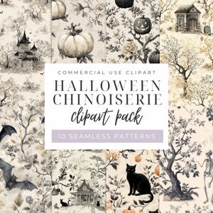 May include: A collection of 10 seamless patterns with a Halloween Chinoiserie theme. The designs feature pumpkins, black cats, haunted houses, bats, and floral elements in a muted color palette of black, white, and beige.