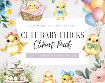 Cute Baby Chick Clipart, Digital Download, Commercial Use, Watercolor Easter Chicks, Easter Florals, Easter Party Clipart