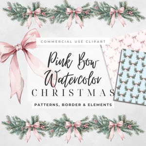 Garland Pink Bow Watercolor Clipart Christmas, Vintage Christmas Clipart, Holiday Clipart, Digital Paper, Seamless, Christmas Stationery