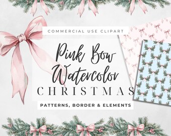 Garland Pink Bow Watercolor Clipart Christmas, Vintage Christmas Clipart, Holiday Clipart, Digital Paper, Seamless, Christmas Stationery