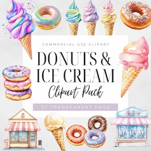 May include: A digital clipart pack featuring watercolor illustrations of donuts and ice cream cones. The pack includes 27 transparent PNG files. The illustrations feature various colors and designs, including sprinkles, chocolate, and vanilla.
