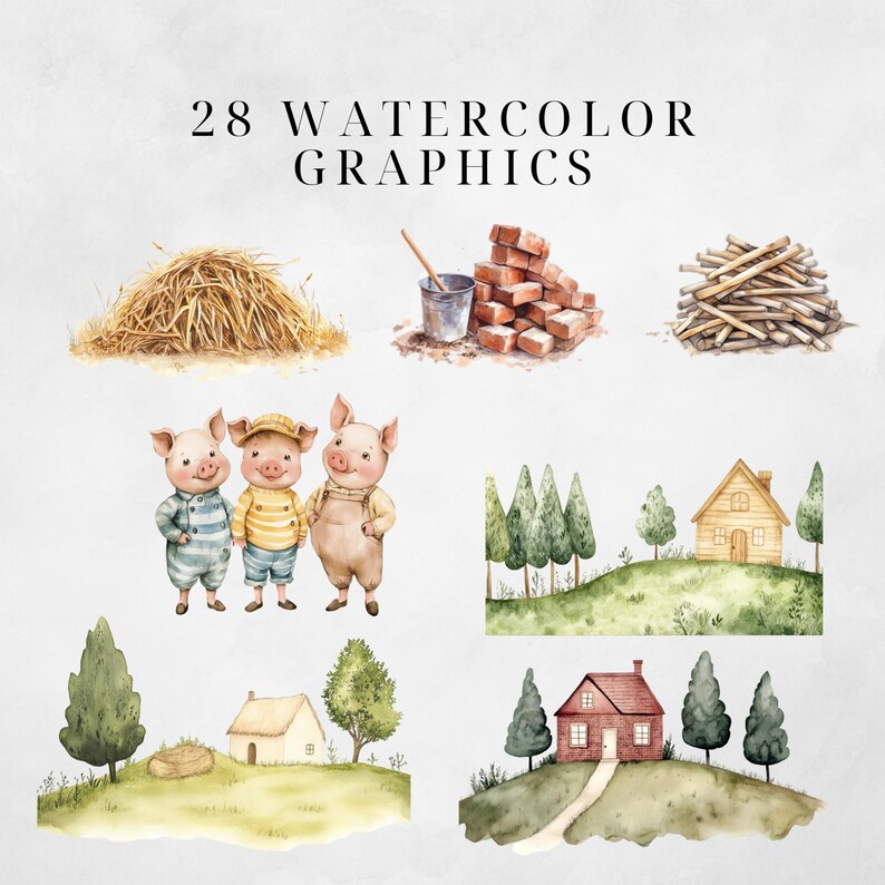 Three Little Pigs Watercolor Nursery Rhymes Clipart - Fairytale Art - Children's Storybook Illustrations - Nursery Decor