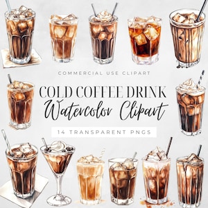 Clipart de aquarela para bebida de café, expresso, café gelado, mocha com leite gelado, PNG transparentes, uso comercial, frapê, cardápio de bebidas de verão