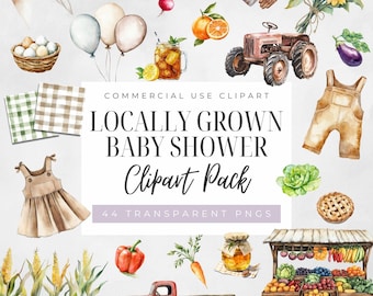 Farmers Market Baby Shower Clipart, Locally Grown Farm Birthday Party, Nursery, Instant Download, Digital Transparent PNG, Commercial Use
