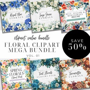 Méga lot de cliparts floraux aquarelle, terre cuite, bleu sarcelle, bleu royal, vert sauge, printemps, bouquet de fleurs, faire-part de mariage, usage commercial