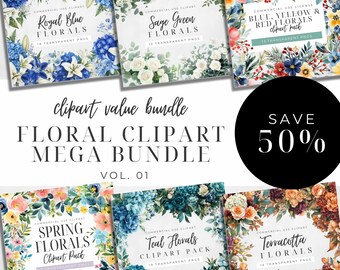 Watercolor Floral Clipart Mega Bundle, Terracotta, Teal, Royal Blue, Sage Green, Spring, Flower Bouquet, Wedding Invitation, Commercial Use