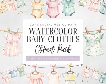 Baby Girl Clothesline Clipart, Watercolor Baby Shower, Nursery Decor, Newborn Girl Transparent PNGs, Digital Download, Commercial Use