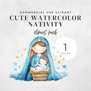 Kerst schattige kerststal clipart, Maagd Maria en baby Jezus, kerststal clipart, baby Jezus clipart, aquarel kerststal clipart