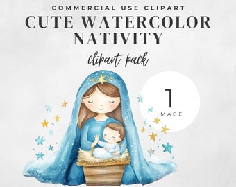 Imágenes prediseñadas navideñas del Nacimiento: Virgen María y Niño Jesús, escena del Nacimiento, Niño Jesús, acuarela.