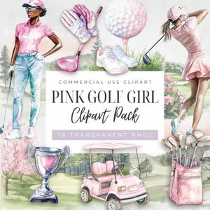 Clipart di un carrello da golf rosa, acquerello di un campo da golf, golf femminile, download digitale, uso commerciale, PNG trasparenti, pallina da golf e tee, ragazza del golf