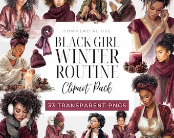 Peut inclure: Illustrations à l'aquarelle de femmes noires dans des scènes d'hiver. Les images montrent des femmes dans diverses activités, comme la lecture, l'utilisation d'un ordinateur portable et une scène aux chandelles. Le texte indique "BLACK GIRL WINTER ROUTINE Clipart Pack."