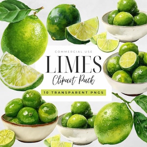 May include: A watercolour illustration featuring whole and sliced limes, with green leaves. The image includes text that reads "Limes Clipart Pack" and "10 Transparent PNGs". Limes are also in small white bowls.