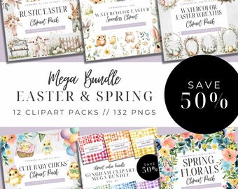 Easter Clipart Bundle, Watercolor Spring Floral, Cute Baby Chicks, Digital Paper, Junk Journal Clip Art,Repeating Pattern,Commercial Use PNG