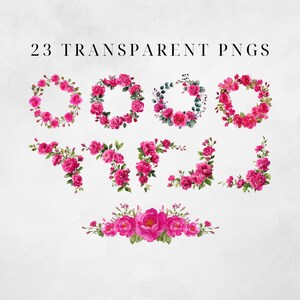 May include: An image featuring a collection of watercolor floral elements, including wreaths and corner designs, in shades of pink and green. The text "23 Transparent PNGs" is displayed at the top. These elements are ideal for digital design projects.