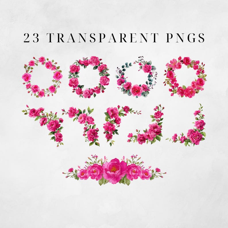 May include: An image featuring a collection of watercolor floral elements, including wreaths and corner designs, in shades of pink and green. The text "23 Transparent PNGs" is displayed at the top. These elements are ideal for digital design projects.