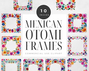 Otomi Floral Clipart Frames, Bright Borders, Colorful Mexican Fiesta Design, Cinco De Mayo Party Artwork, Mexican Embroidery, Flowers Animal