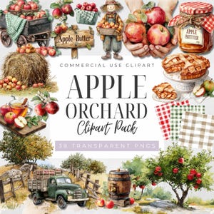 Op de afbeelding: Watercolor clipart pack met een appelboomgaard thema. Bevat illustraties van appels, appelmoes, een vogelverschrikker, een taart, een vrachtwagen en een vat. De tekst luidt "Apple Orchard Clipart Pack" en "38 Transparent PNGs".