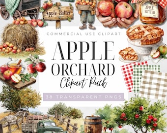 Huerto de manzanas otoñal en acuarela: imágenes para un otoño acogedor: sidra, tarta y árboles (descarga digital, uso comercial)