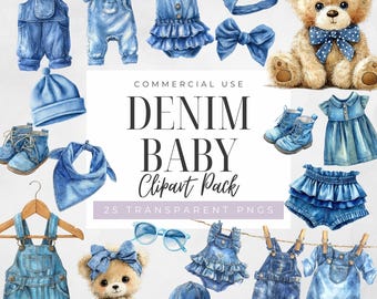 Watercolor Denim Blue Jeans Baby Clothes Clipart for Baby Shower Invitations and Newborn Nursery, Digital Download, Commercial Use PNGs