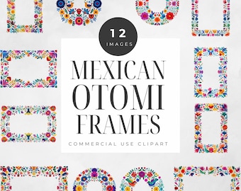 Watercolor Otomi Floral Clipart Frames & Wreaths, Bright Borders, Colorful Mexican Fiesta, Cinco De Mayo Party Artwork, Mexican Embroidery