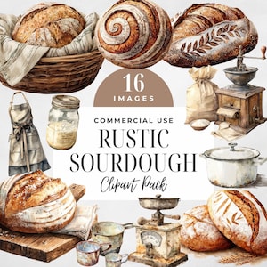 May include: A digital collection of 16 watercolor illustrations featuring rustic sourdough bread loaves, a wicker basket, a glass jar, a kitchen apron, a flour sack, a vintage coffee grinder, a metal pot, a kitchen scale, and small metal cups.
