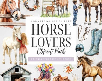May include: A collection of watercolor illustrations featuring horses, riding gear, and a young person with a horse. The text reads "HORSE LOVERS Clipart Pack" with "22 TRANSPARENT PNGS" below. The images include a horseshoe, boots, and a saddle.