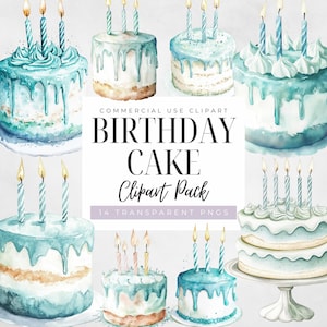 Watercolor Teal Birthday Cake Clipart, Digital Download, Transparent PNG, Commercial Use, Cute Cake With Candles, Floral Cake Stand Clipart