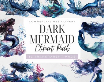Clipart de sirena oscura en acuarela, criaturas míticas submarinas, hermosas sirenas místicas, uso comercial, PNG transparente, descarga digital