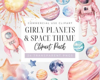 Watercolor Pink Planets Clipart, Space Baby Shower, Universe Birthday, Cute Astronaut, Digital Download, Transparent PNG, Commercial Use