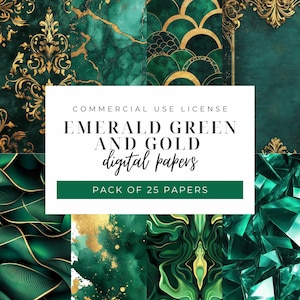 Emerald Green And Gold Digital Papers, Scrapbook Papers, Emerald And Gold, Digital Background, Digital Scrapbooking, Junk Journal Pages