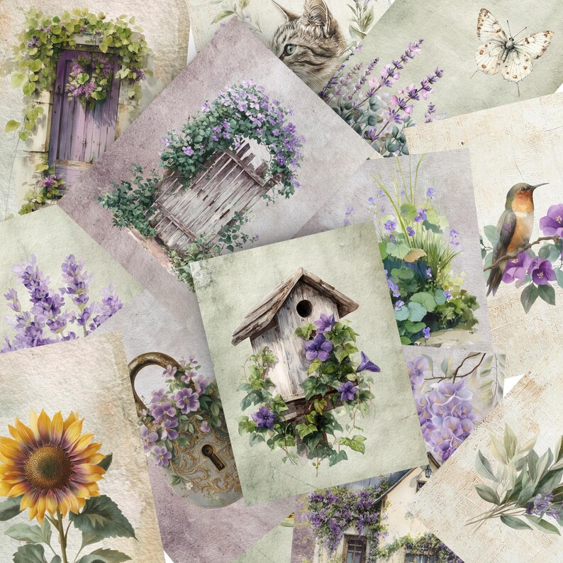 Junk Journal Kit Ephemera Cards - Lavender Cottage Dream, Purple ...
