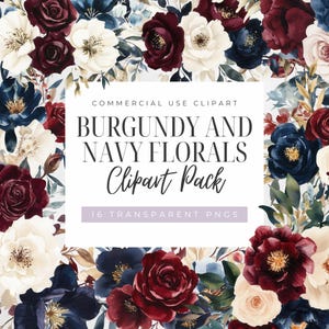 Burgundy & Navy Floral Clipart, Watercolor Flowers, Wedding Invitation Clip Art, Transparent Png, Instant Digital Download, Commercial Use