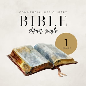 Peut inclure: Illustration à l'aquarelle d'une Bible ouverte avec des pages vieillies et une couverture en cuir marron. L'image comprend le texte "BIBLE clipart single" et un cercle doré avec le numéro "1 IMAGE".