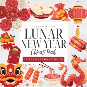 Può includere: Una collezione di elementi grafici del Capodanno lunare, tra cui ravioli, monete d'oro, lanterne, petardi e un drago. Il testo "LUNAR NEW YEAR Clipart Pack" è visualizzato in modo prominente, con "15 PNG trasparenti" sotto.