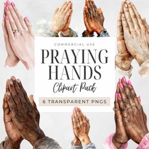 Puede incluir: Paquete de imágenes prediseñadas de acuarela con múltiples ilustraciones de manos en oración. Las manos se representan en varios tonos de piel, algunas adornadas con anillos y uñas pintadas. Se muestra el texto "PRAYING HANDS Clipart Pack".