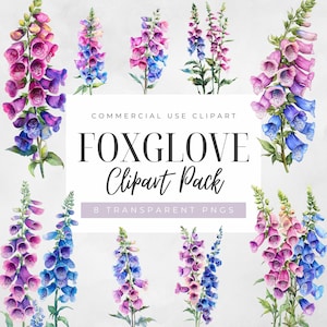 Clipart floreale acquerello di Foxgloves, fiori per inviti di nozze, Junk Journal Botanicals, download immediato, uso commerciale, PNG trasparenti