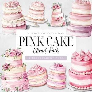 Aquarel roze taarten clipart, mooi dessert, digitale download, transparante PNG, commercieel gebruik, schattige cake met kaarsen, taartstandaard clipart