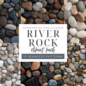 Puede incluir: Un collage de diez patrones sin costuras con piedras de río en varios colores, incluyendo gris, marrón y azul. El texto "RIVER ROCK clipart pack" se muestra con la frase "10 SEAMLESS PATTERNS".