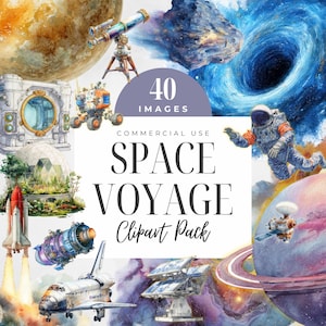 May include: A digital art collection titled "Space Voyage Clipart Pack" featuring various space-themed illustrations. The images include planets, a telescope, a rocket, an astronaut, and a black hole, with the number "40" and the words "Commercial Use" displayed.