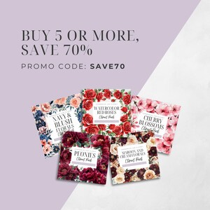 May include: An image featuring five floral clipart packs with various designs, including navy and blush florals, watercolor red roses, cherry blossoms, peonies, and maroon and cream florals. The text reads "BUY 5 OR MORE, SAVE 70%" and "PROMO CODE: SAVE70".