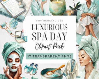 Könnte beinhalten: Aquarell-Illustration zum Thema Spa-Tag. Das Bild enthält Spa-Zubehör, Frauen in Bademänteln und den Text "Luxurious Spa Day Clipart Pack". Die Farbpalette ist weich, mit Farbtönen von Türkis, Weiß und Gold.